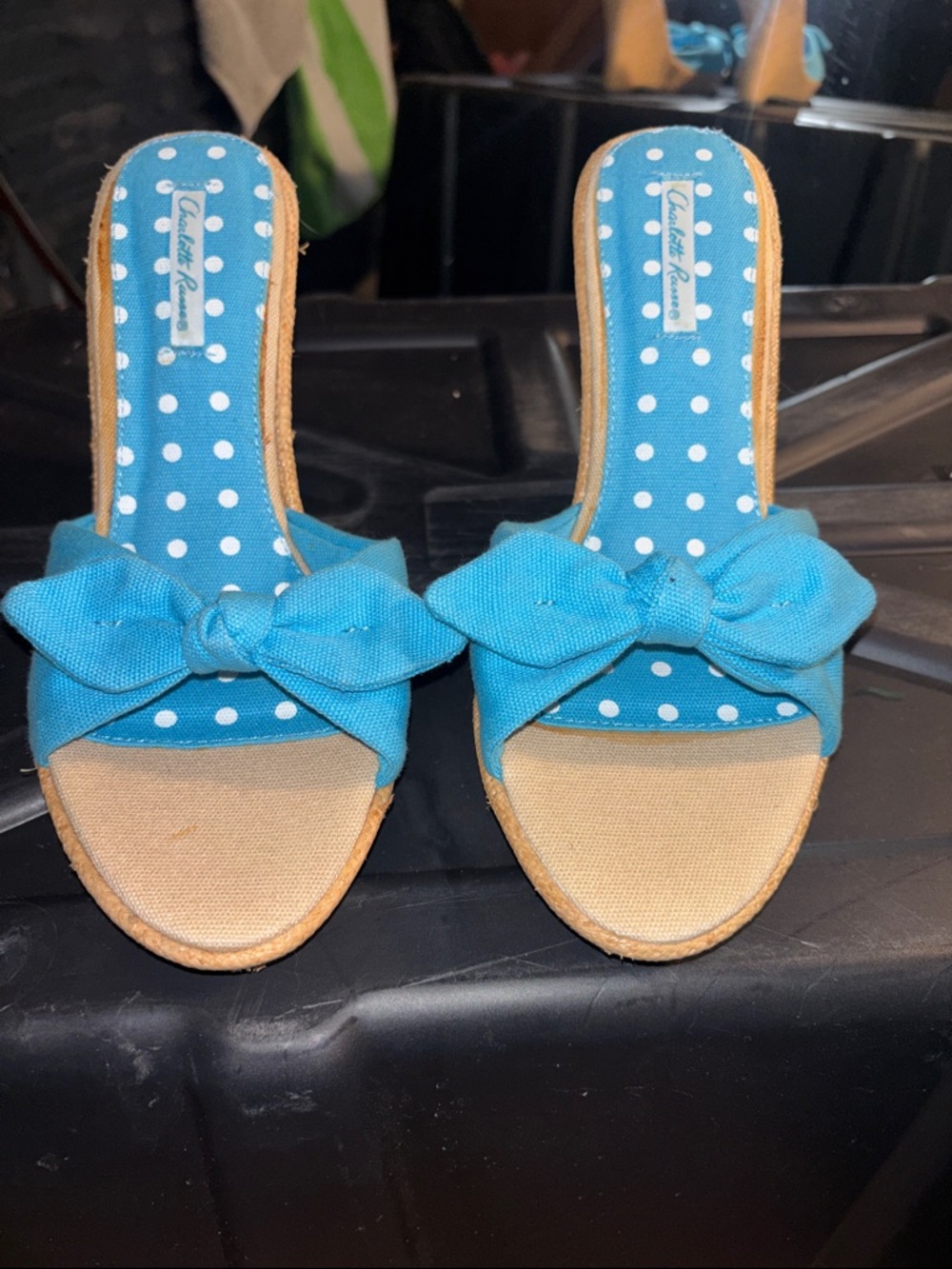 Charlotte Russe Turquoise Polka Dot Bow Slide Mules
